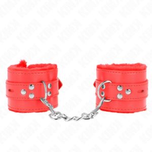 KINK – FUR LINED WRIST RESTRAINTS WITH SQUARE HOLES RED AND RED BELT ADJUSTABLE 17-29 CM X 6 CM Fetish / Bondage | SEX Shop Ireland