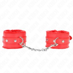 KINK – PREMIUM FUR LINED WRIST RESTRAINTS RED WITH RED BELT ADJUSTABLE 17-29 CM X 6 CM Fetish / Bondage | SEX Shop Ireland