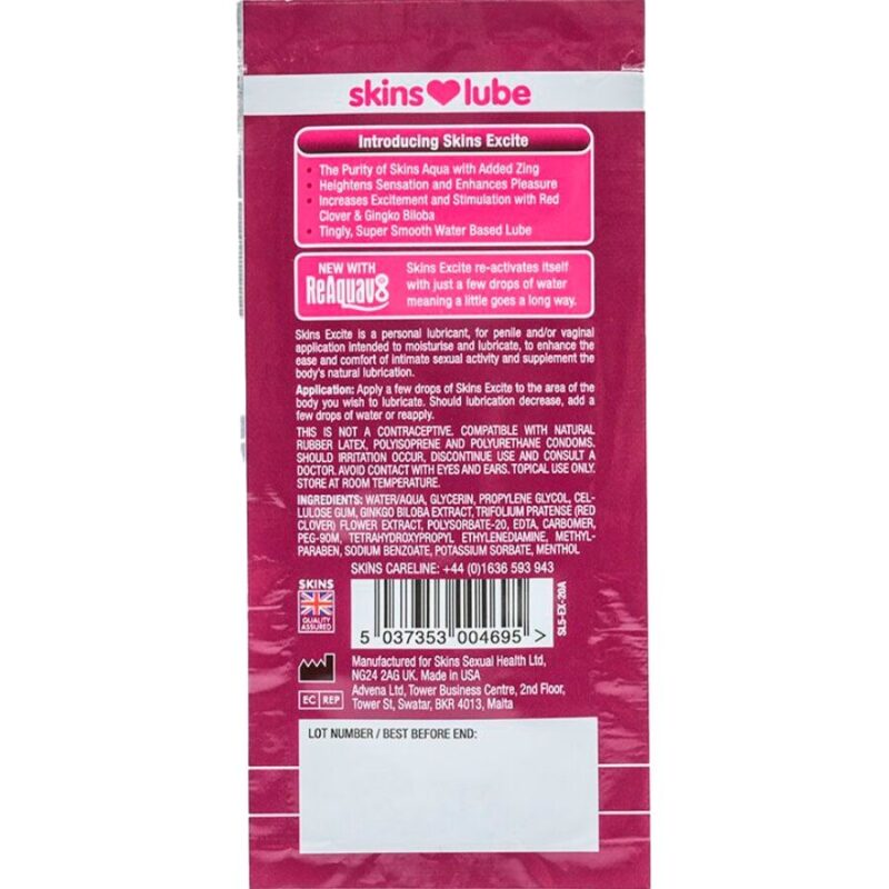 SKINS – EXCITE WATER-BASED LUBRICANT SINGLE-DOSE 5 ML Oils and Lubes | SEX Shop Ireland 5